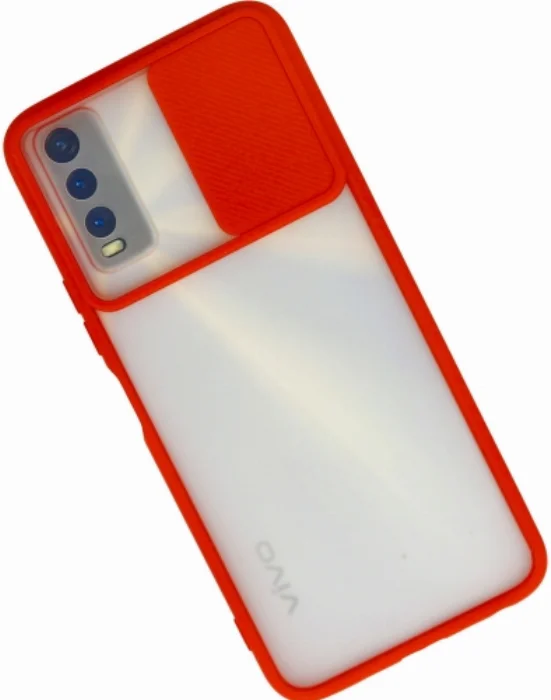 Vivo Y20 Kılıf Silikon Sürgülü Lens Korumalı Buzlu Şeffaf - Kırmızı