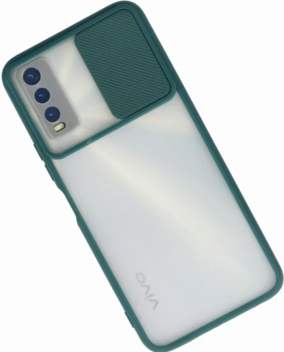 Vivo Y20 Kılıf Silikon Sürgülü Lens Korumalı Buzlu Şeffaf - Yeşil