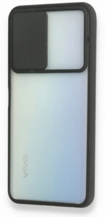 Vivo Y51 Kılıf Silikon Sürgülü Lens Korumalı Buzlu Şeffaf - Siyah