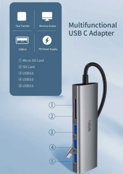 Wiwu Alpha 532ST Type-C Hub USB ve SD Kart - Gri