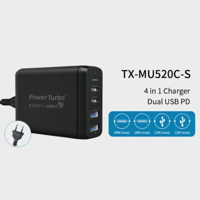 Wiwu PD Power Turbo TX-MU520C-S Universal Şarj Adaptörü Type-C USB - Siyah