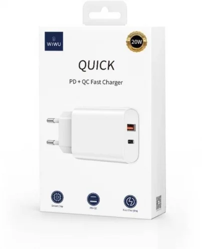 Wiwu Wi-U002 Quick Type-C PD & USB-A QC Hızlı Şarj Başlığı 20W - Beyaz