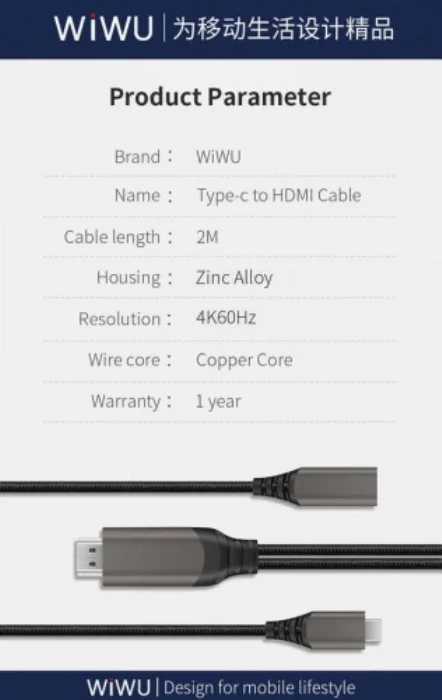 Wiwu X10 Type-C to HDMI Kablo Çevirici - Gri