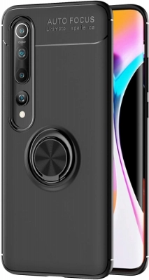 Xiaomi Mi 10 Kılıf Renkli Silikon Yüzüklü Standlı Auto Focus Ravel Kapak - Siyah