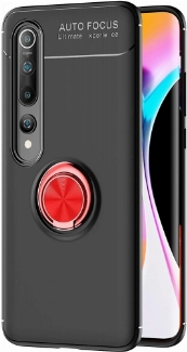 Xiaomi Mi 10 Pro Kılıf Renkli Silikon Yüzüklü Standlı Auto Focus Ravel Kapak - Kırmızı - Siyah