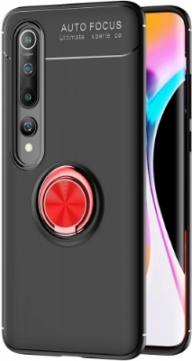 Xiaomi Mi 10 Pro Kılıf Renkli Silikon Yüzüklü Standlı Auto Focus Ravel Kapak - Kırmızı - Siyah