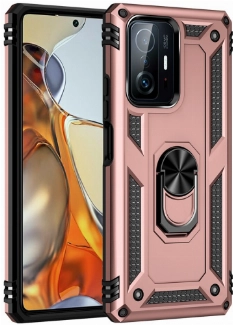 Xiaomi Mi 11T Kılıf Silikon Zırhlı Standlı Yüzüklü Mıknatıslı Tank Kapak - Rose Gold