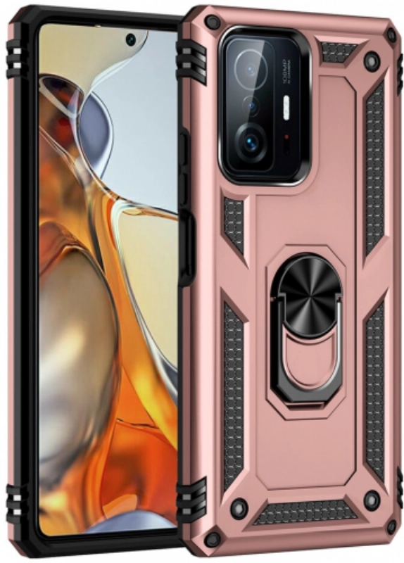 Xiaomi Mi 11T Kılıf Silikon Zırhlı Standlı Yüzüklü Mıknatıslı Tank Kapak - Rose Gold