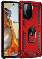 Xiaomi Mi 11T Pro Kılıf Silikon Zırhlı Standlı Yüzüklü Mıknatıslı Tank Kapak - Kırmızı