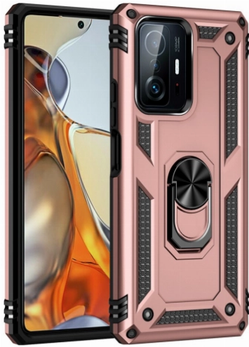 Xiaomi Mi 11T Pro Kılıf Silikon Zırhlı Standlı Yüzüklü Mıknatıslı Tank Kapak - Rose Gold