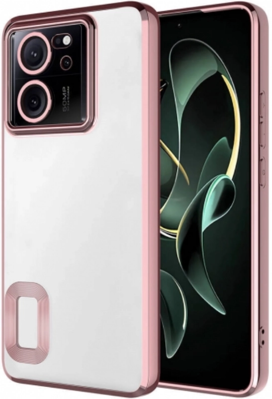 Xiaomi Mi 13T Kılıf Kamera Lens Korumalı Şeffaf Renkli Logo Gösteren Parlak Kapak - Rose Gold