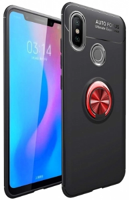 Xiaomi Mi 8 Kılıf Renkli Silikon Yüzüklü Standlı Auto Focus Ravel Kapak - Kırmızı - Siyah