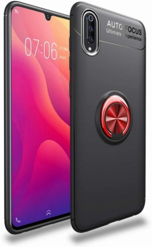 Xiaomi Mi 9 Kılıf Renkli Silikon Yüzüklü Standlı Auto Focus Ravel Kapak - Kırmızı - Siyah