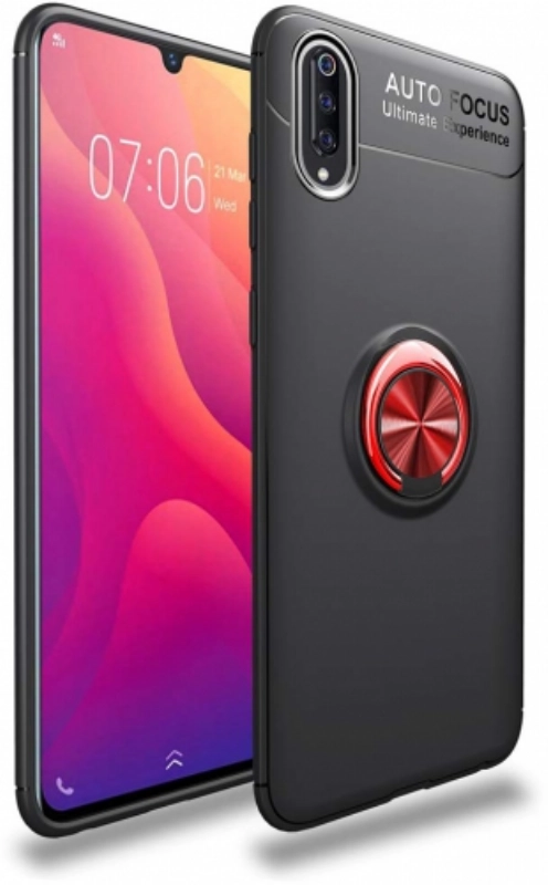 Xiaomi Mi 9 Kılıf Renkli Silikon Yüzüklü Standlı Auto Focus Ravel Kapak - Kırmızı - Siyah