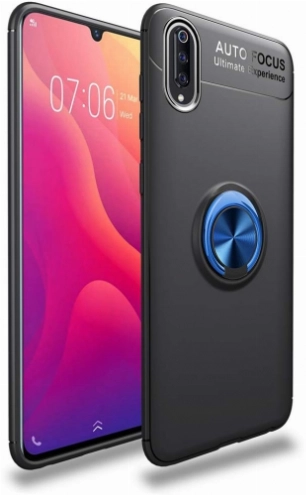 Xiaomi Mi 9 Kılıf Renkli Silikon Yüzüklü Standlı Auto Focus Ravel Kapak - Mavi - Siyah