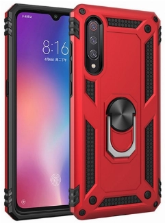 Xiaomi Mi 9 Kılıf Silikon Zırhlı Standlı Yüzüklü Mıknatıslı Tank Kapak - Kırmızı