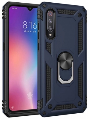 Xiaomi Mi 9 Kılıf Silikon Zırhlı Standlı Yüzüklü Mıknatıslı Tank Kapak - Lacivert