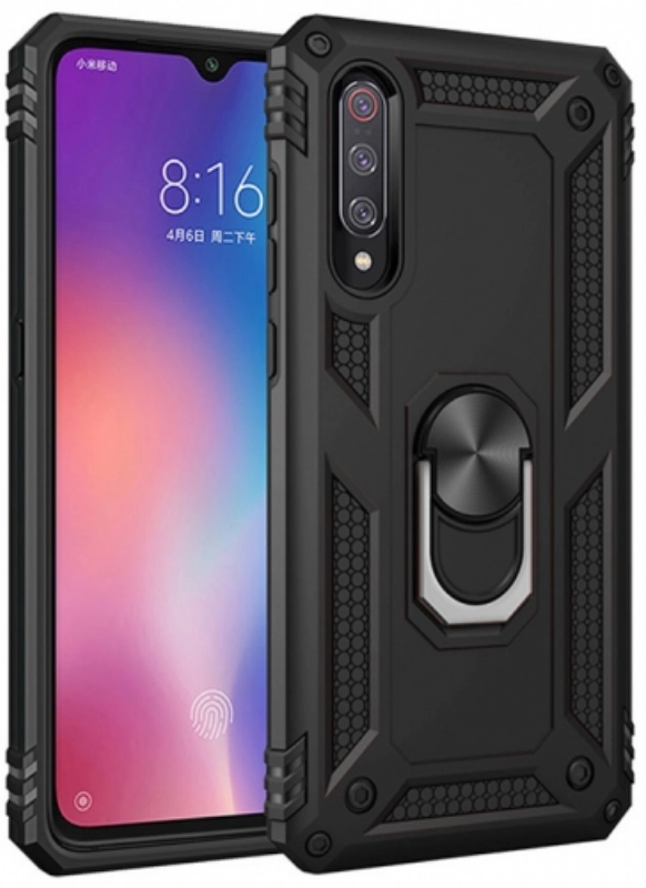 Xiaomi Mi 9 Kılıf Silikon Zırhlı Standlı Yüzüklü Mıknatıslı Tank Kapak - Siyah