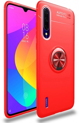 Xiaomi Mi 9 Lite Kılıf Renkli Silikon Yüzüklü Standlı Auto Focus Ravel Kapak - Kırmızı