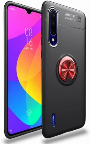 Xiaomi Mi 9 Lite Kılıf Renkli Silikon Yüzüklü Standlı Auto Focus Ravel Kapak - Kırmızı - Siyah