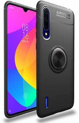 Xiaomi Mi 9 Lite Kılıf Renkli Silikon Yüzüklü Standlı Auto Focus Ravel Kapak - Siyah