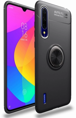 Xiaomi Mi 9 Lite Kılıf Renkli Silikon Yüzüklü Standlı Auto Focus Ravel Kapak - Siyah