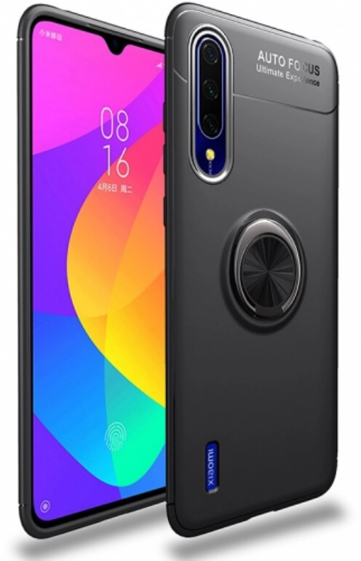 Xiaomi Mi 9 Lite Kılıf Renkli Silikon Yüzüklü Standlı Auto Focus Ravel Kapak - Siyah