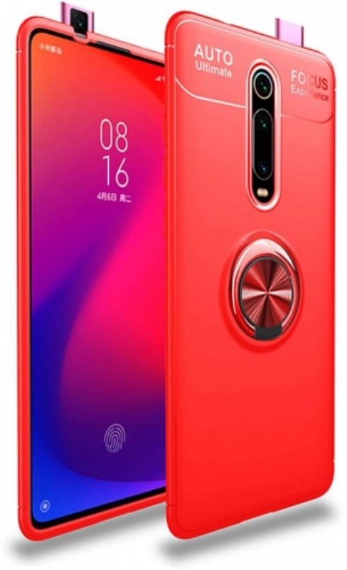 Xiaomi Mi 9T Kılıf Renkli Silikon Yüzüklü Standlı Auto Focus Ravel Kapak - Kırmızı