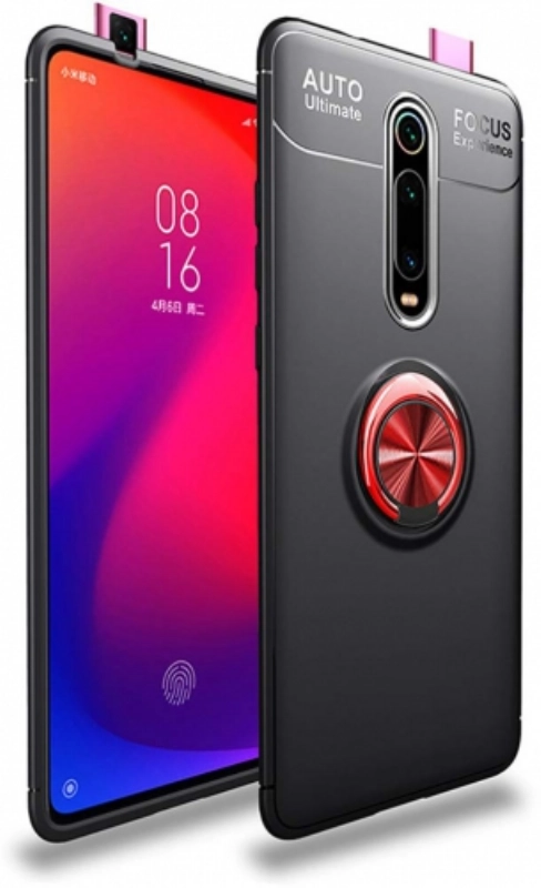 Xiaomi Mi 9T Kılıf Renkli Silikon Yüzüklü Standlı Auto Focus Ravel Kapak - Kırmızı - Siyah