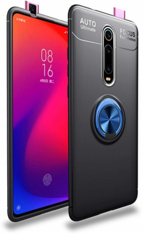 Xiaomi Mi 9T Kılıf Renkli Silikon Yüzüklü Standlı Auto Focus Ravel Kapak - Mavi - Siyah