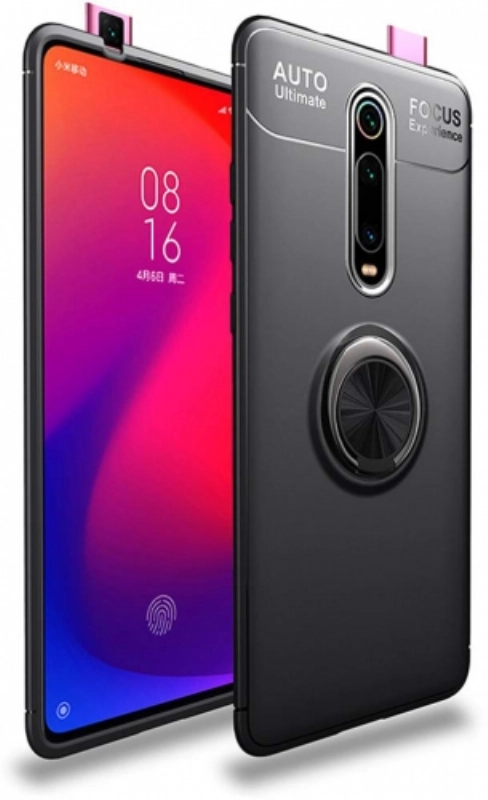 Xiaomi Mi 9T Kılıf Renkli Silikon Yüzüklü Standlı Auto Focus Ravel Kapak - Siyah