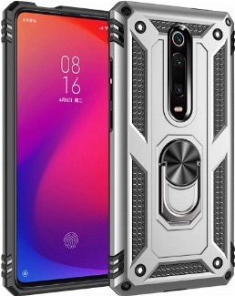 Xiaomi Mi 9T Kılıf Silikon Zırhlı Standlı Yüzüklü Mıknatıslı Tank Kapak - Gri