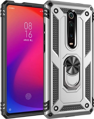 Xiaomi Mi 9T Kılıf Silikon Zırhlı Standlı Yüzüklü Mıknatıslı Tank Kapak - Gri