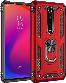 Xiaomi Mi 9T Kılıf Silikon Zırhlı Standlı Yüzüklü Mıknatıslı Tank Kapak - Kırmızı