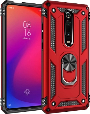 Xiaomi Mi 9T Kılıf Silikon Zırhlı Standlı Yüzüklü Mıknatıslı Tank Kapak - Kırmızı