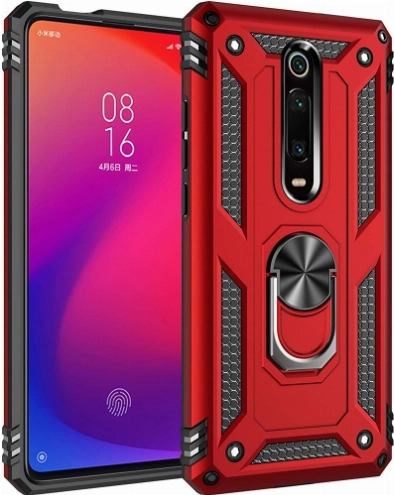 Xiaomi Mi 9T Kılıf Silikon Zırhlı Standlı Yüzüklü Mıknatıslı Tank Kapak - Kırmızı