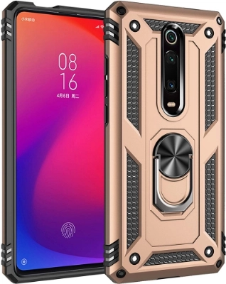 Xiaomi Mi 9T Kılıf Silikon Zırhlı Standlı Yüzüklü Mıknatıslı Tank Kapak - Rose Gold