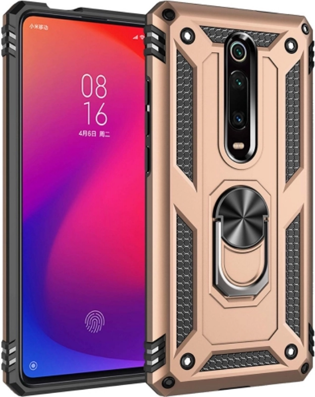 Xiaomi Mi 9T Kılıf Silikon Zırhlı Standlı Yüzüklü Mıknatıslı Tank Kapak - Rose Gold