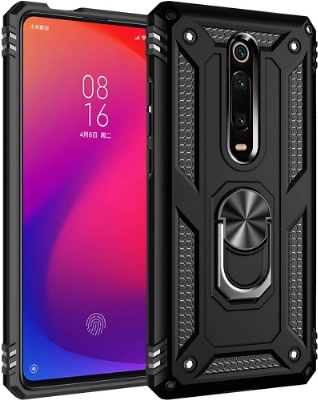 Xiaomi Mi 9T Kılıf Silikon Zırhlı Standlı Yüzüklü Mıknatıslı Tank Kapak - Siyah