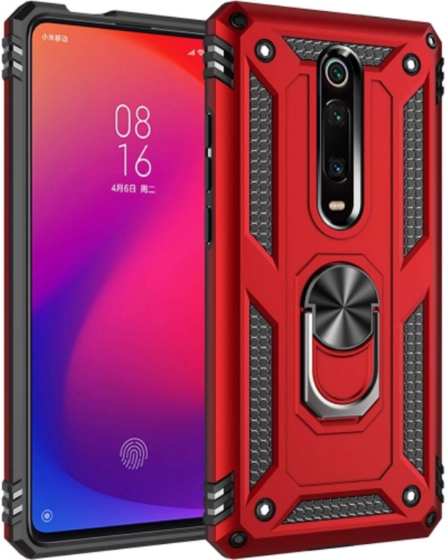 Xiaomi Mi 9T Pro Kılıf Silikon Zırhlı Standlı Yüzüklü Mıknatıslı Tank Kapak - Kırmızı