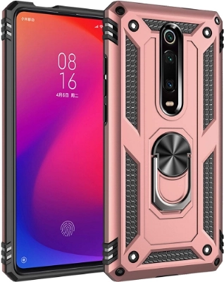 Xiaomi Mi 9T Pro Kılıf Silikon Zırhlı Standlı Yüzüklü Mıknatıslı Tank Kapak - Rose Gold