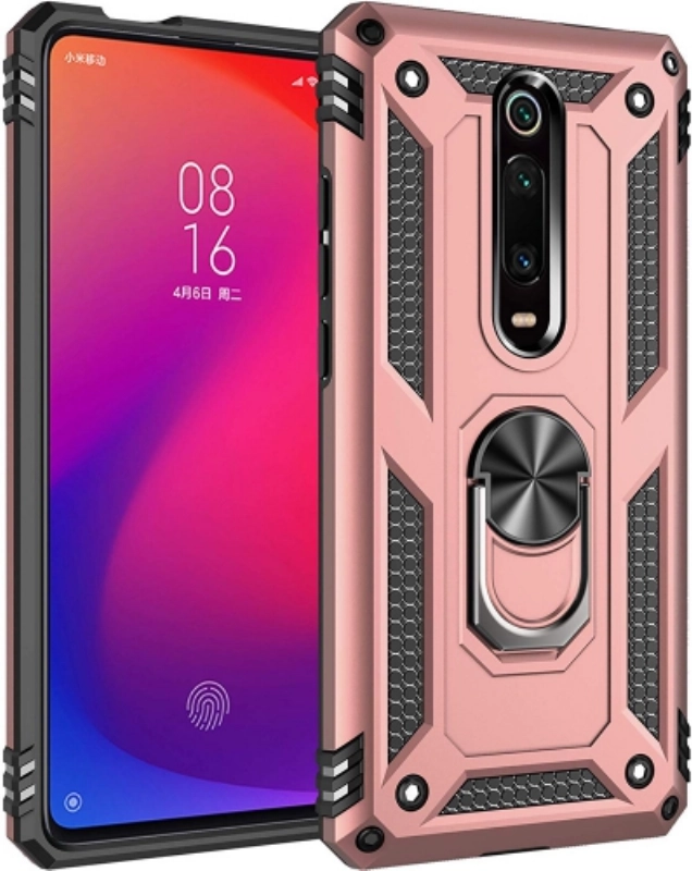 Xiaomi Mi 9T Pro Kılıf Silikon Zırhlı Standlı Yüzüklü Mıknatıslı Tank Kapak - Rose Gold