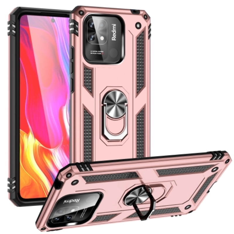 Xiaomi Poco C40 Kılıf Silikon Zırhlı Standlı Yüzüklü Mıknatıslı Tank Kapak - Rose Gold