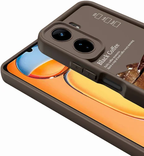 Xiaomi Poco C65 Kılıf Kamera Korumalı Baskılı Arka Yüzey Klas Kapak - Koyu Kahve