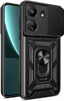 Xiaomi Poco C65 Kılıf Zırhlı Standlı Silikon Sürgülü Kamera Korumalı Tank Kapak - Siyah