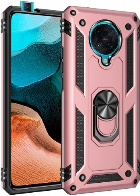 Xiaomi Poco F2 Pro Kılıf Silikon Zırhlı Standlı Yüzüklü Mıknatıslı Tank Kapak - Rose Gold