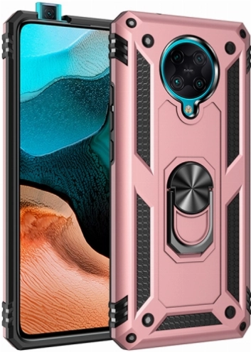 Xiaomi Poco F2 Pro Kılıf Silikon Zırhlı Standlı Yüzüklü Mıknatıslı Tank Kapak - Rose Gold