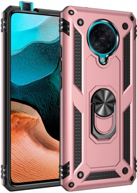 Xiaomi Poco F2 Pro Kılıf Silikon Zırhlı Standlı Yüzüklü Mıknatıslı Tank Kapak - Rose Gold