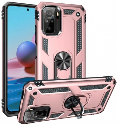 Xiaomi Poco M5s Kılıf Silikon Zırhlı Standlı Yüzüklü Mıknatıslı Tank Kapak - Rose Gold