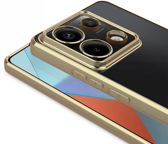 Xiaomi Poco M6 Pro 4G Kılıf Kamera Lens Korumalı Şeffaf Renkli Logo Gösteren Parlak Kapak - Gold